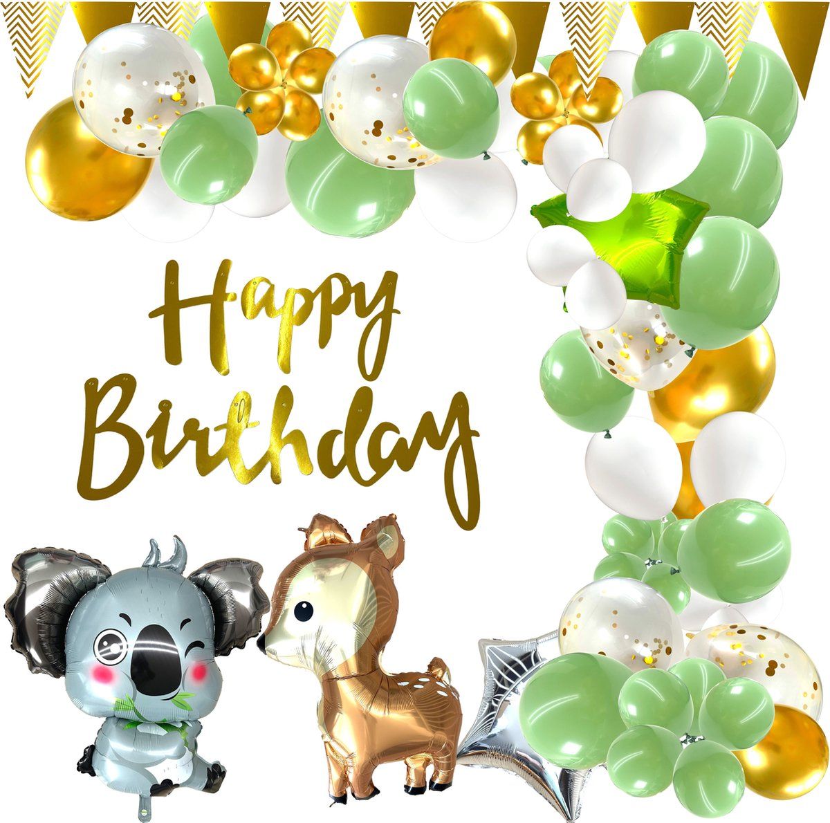 Knuffeldieren Balonnen Boog - 65 Stuks - Groen - Goud - Ballonboog - Lente thema - Versiering Verjaardag - Koala- Hert - Verjaardag - Dieren Folie Ballonnen - Happy Birthday Slinger - Fienosa -