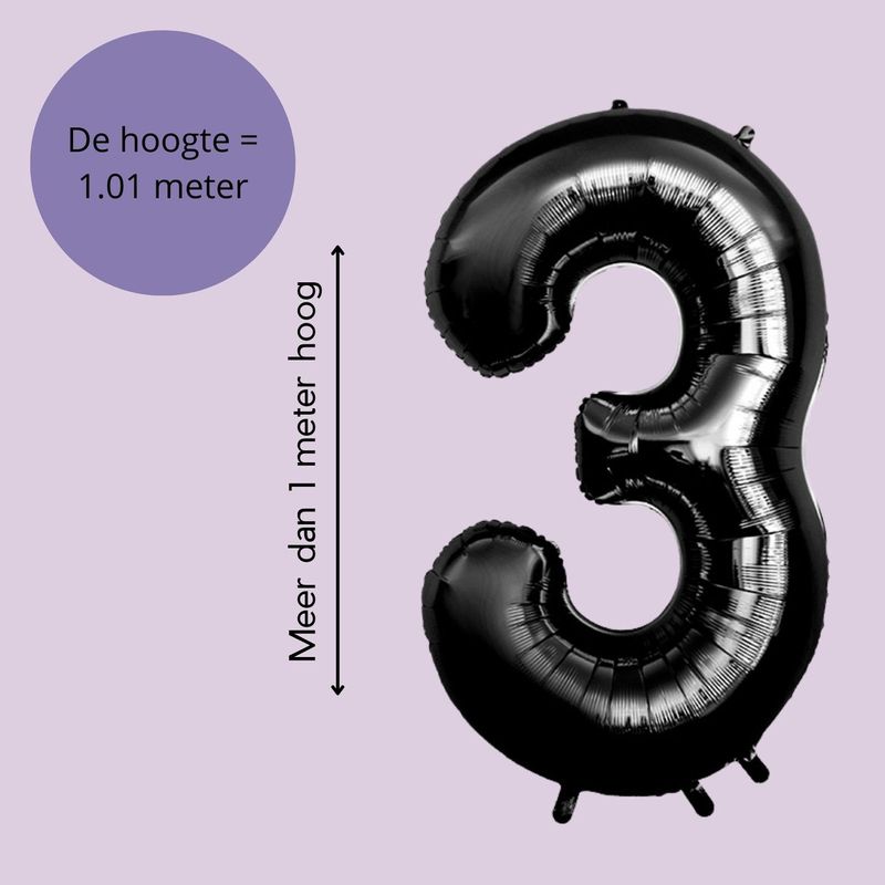 Fienosa - Cijfer Ballonnen - Nummer 3 - Zwart - 101 cm - Helium Ballon - Verjaardag Versiering - Verjaardag Ballon - Leeftijd verjaardag - Verjaardagsballon - Verjaardag