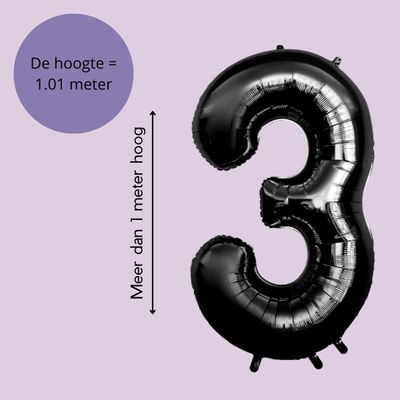 Fienosa - Cijfer Ballonnen - Nummer 3 - Zwart - 101 cm - Helium Ballon - Verjaardag Versiering - Verjaardag Ballon - Leeftijd verjaardag - Verjaardagsballon - Verjaardag