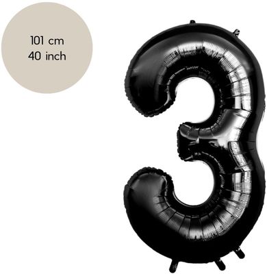 Fienosa - Cijfer Ballonnen - Nummer 3 - Zwart - 101 cm - Helium Ballon - Verjaardag Versiering - Verjaardag Ballon - Leeftijd verjaardag - Verjaardagsballon - Verjaardag
