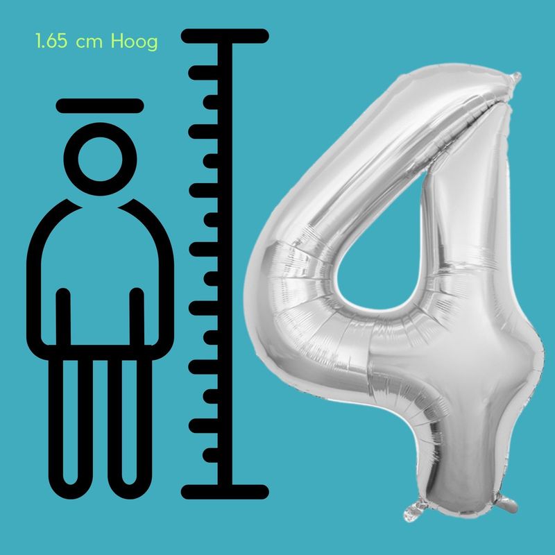 Fienosa Cijfer Ballonnen nummer 4 - Zilver - 165 cm - Helium Ballon - Verjaardag ballon - Verjaardag versiering - Leeftijd verjaardag - Verjaardagsballon - Verjaardag