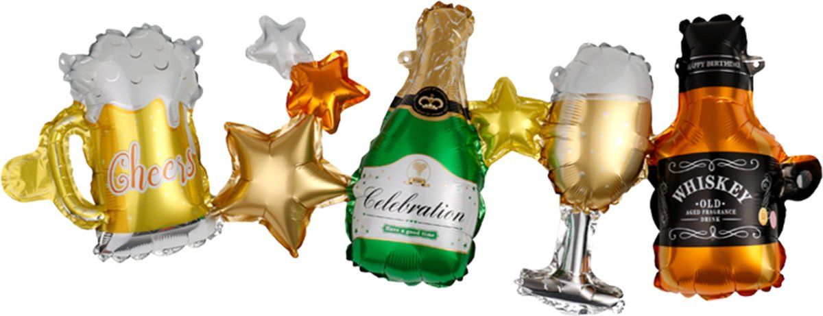 Drankflessen ballonen slinger - - Drank en alcohol thema - Ballonnen Verjaardag - Ballonnen Slinger - Champagne Balllon - Whiskey Ballon - Bierglas Ballon - Fienosa - Drank Slinger - Alcohol Slinger