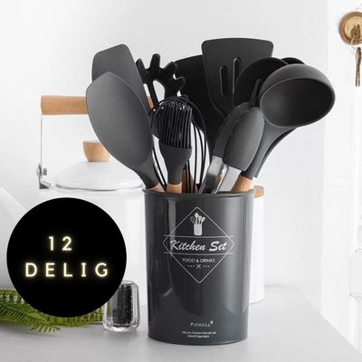 Keukengerei Set - Keukengerei houder - Keukengerei set met Houder - 12 Delig - Antraciet Zwart - Houten Steel - Siliconen - Fienosa