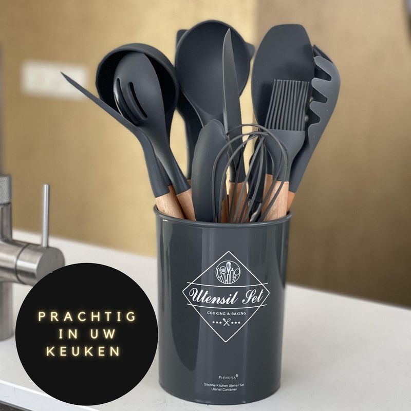 Keukengerei Set - Keukengerei houder - Keukengerei set met Houder - 12 Delig - Antraciet Zwart - Houten Steel - Siliconen - Fienosa