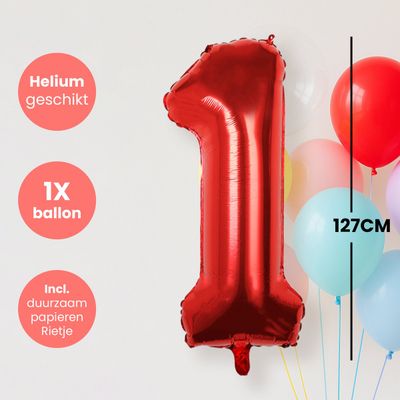 Fienosa Cijfer Ballonnen nummer 1 - Rood - 127 cm - XXL Groot - Helium Ballon - Verjaardag Ballon - Leeftijd verjaardag - Verjaardagsballon - Verjaardag
