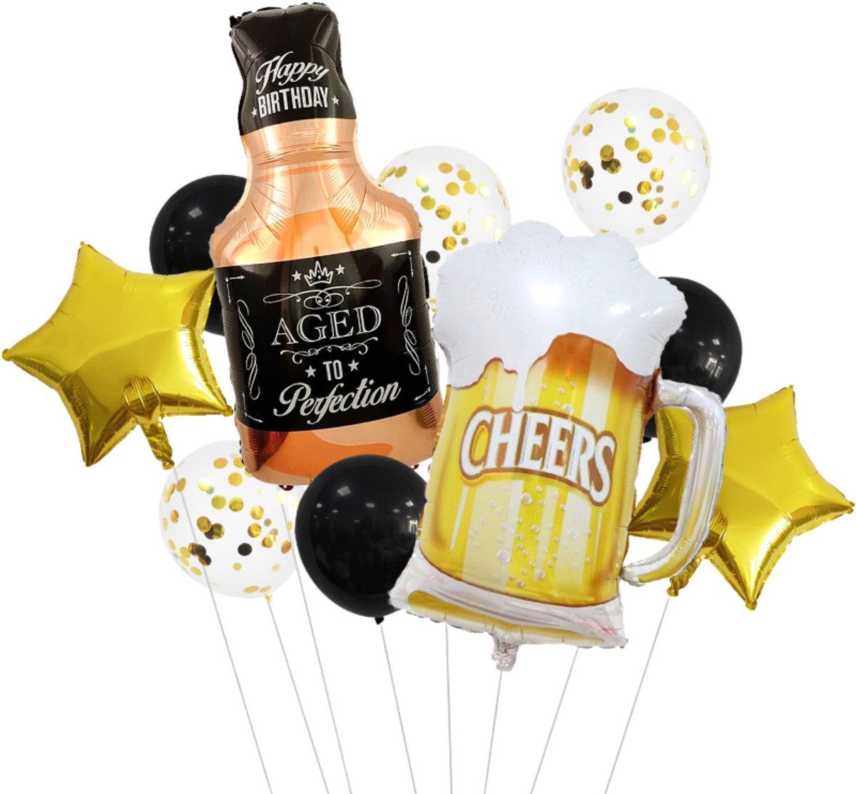 Drankflessen Ballonnen Set - Feest Versiering - 9 items - Vrijgezellenfeest - Whiskeyfles 100 cm- Bierglas 80 cm - Verjaardag Versiering - Happy Birthday Ballonnen - Verjaardag Decoratie - Thema
