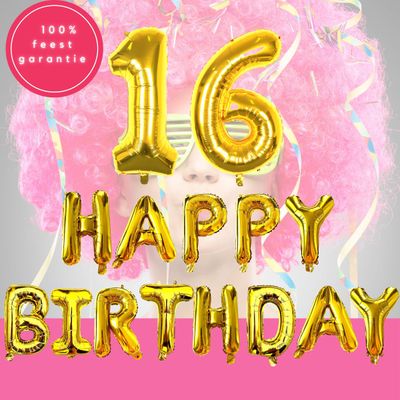 Verjaardag Versiering - 16e Verjaardag - Happy Birthday - Goud - Happy Birthday Slinger - Ballonnen Verjaardag - Verjaardag Decoratie - Fienosa