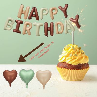 Fienosa Happy Birthday Verjaardag Set - Groen - Bruin - Beige Nude - 37 cm hoog Letters - Warme tinten - Happy Birthday Slinger - Happy Birthday versiering - Fienosa Verjaardag Versiering