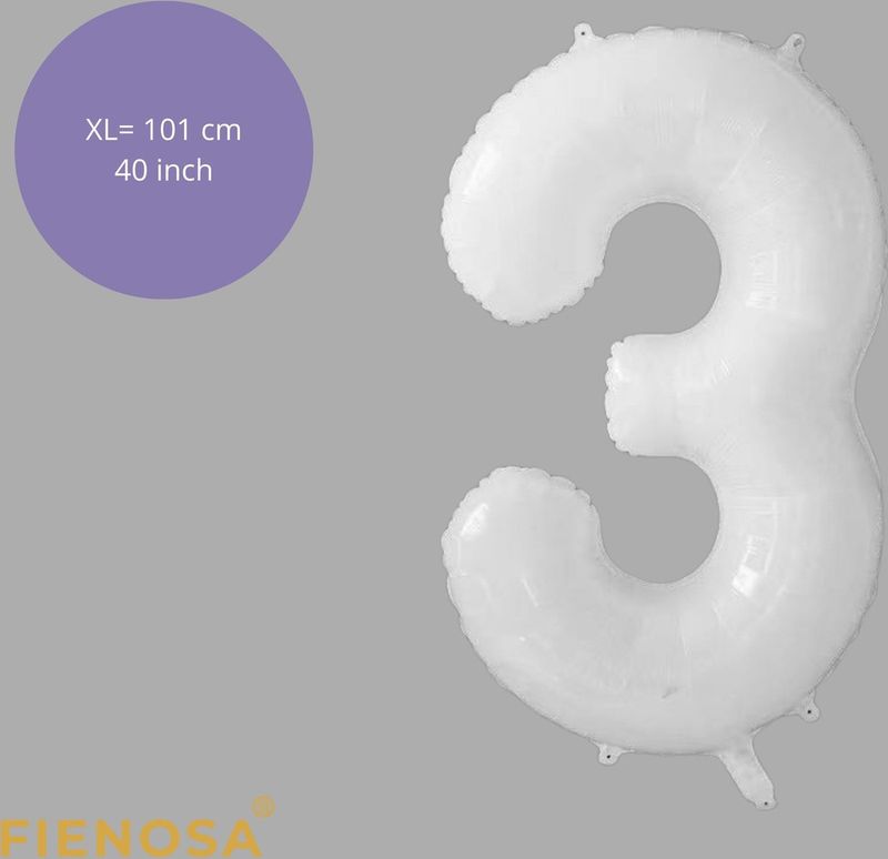 Fienosa - Cijfer Ballonnen - Nummer 3 - Wit - 101 cm - Helium Ballon - Verjaardag Ballon - Verjaardag Versiering - Leeftijd verjaardag - Verjaardagsballon - Verjaardag