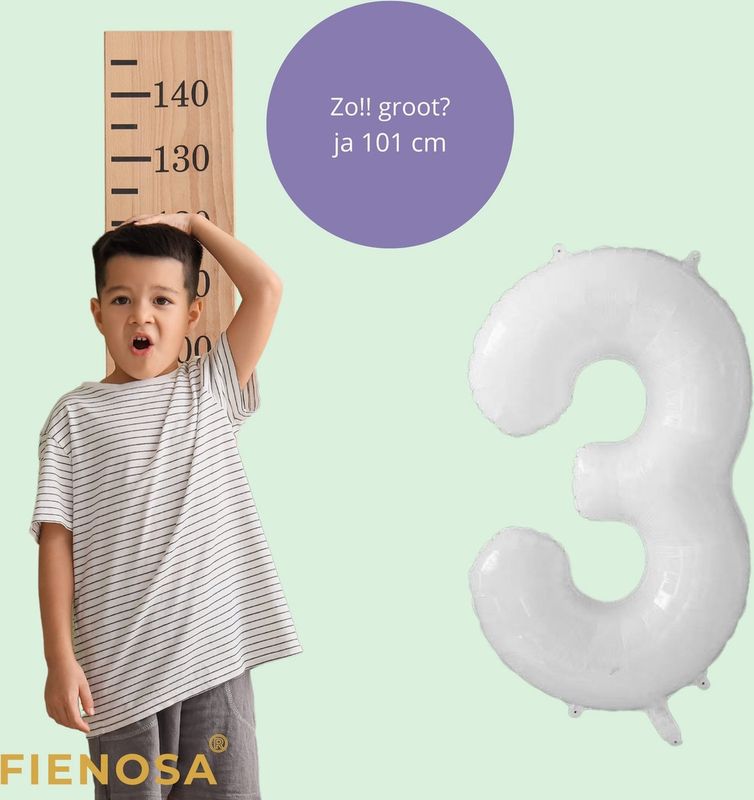 Fienosa - Cijfer Ballonnen - Nummer 3 - Wit - 101 cm - Helium Ballon - Verjaardag Ballon - Verjaardag Versiering - Leeftijd verjaardag - Verjaardagsballon - Verjaardag