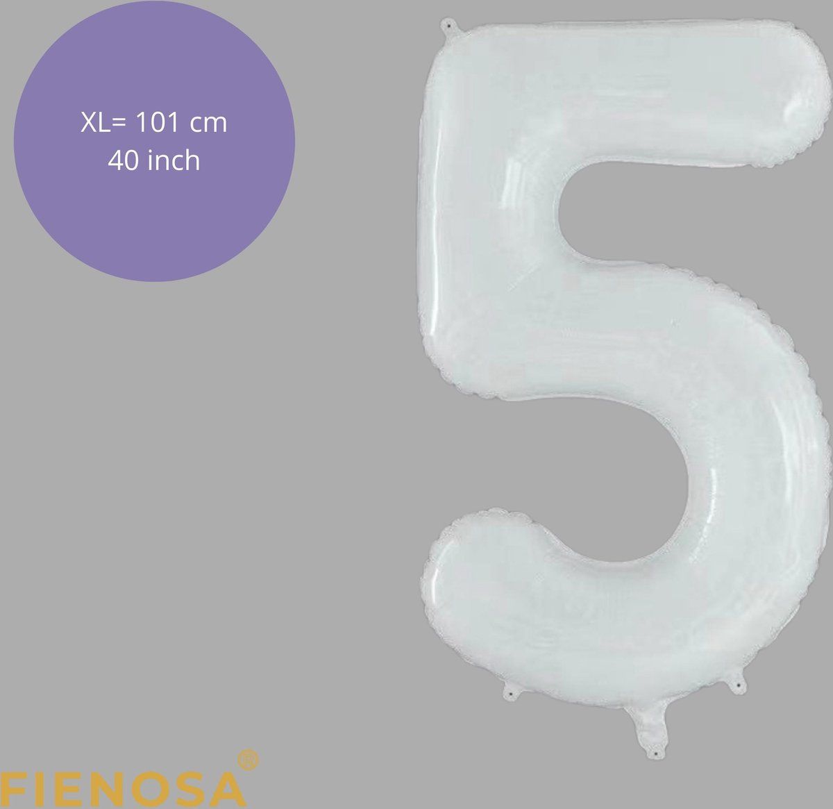 Fienosa - Cijfer Ballonnen - Nummer 5 - Wit - 101 cm - Helium Ballon - Verjaardag Ballon - Verjaardag Versiering - Leeftijd verjaardag - Verjaardagsballon - Verjaardag