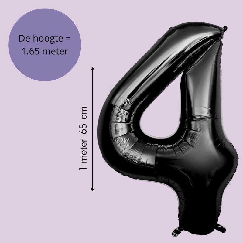 Fienosa Cijfer Ballonnen nummer 4 - Zwart - 165 cm - Helium Ballon - Verjaardag ballon - Verjaardag versiering - Leeftijd verjaardag - Verjaardagsballon - Verjaardag