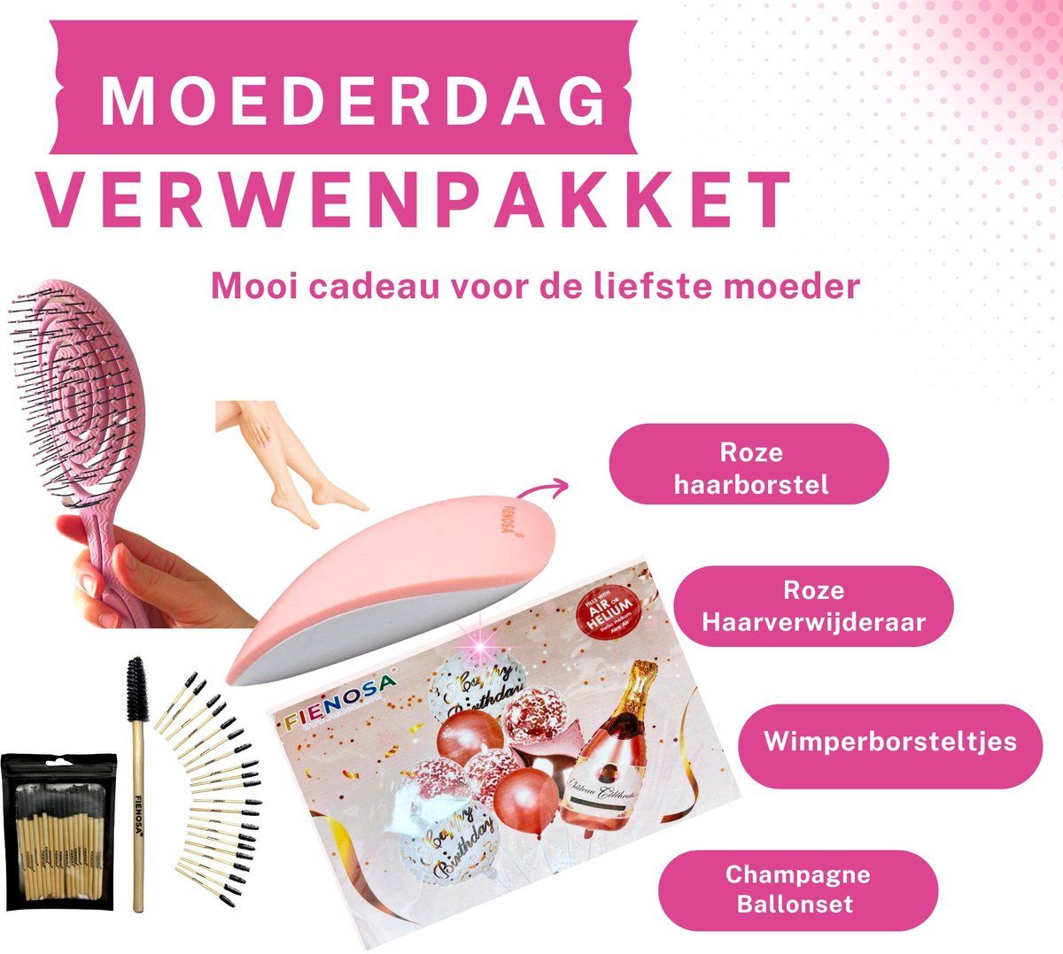 Fienosa Moeder Verwenpakket – met Haarborstel, Wimperborsteltjes, Haarverwijderaar & Champagne Ballonnen – Perfect Cadeau voor Mama! Het Ultieme Moederdagcadeau – Verwen Je Moeder met Dit Luxe Pakket!