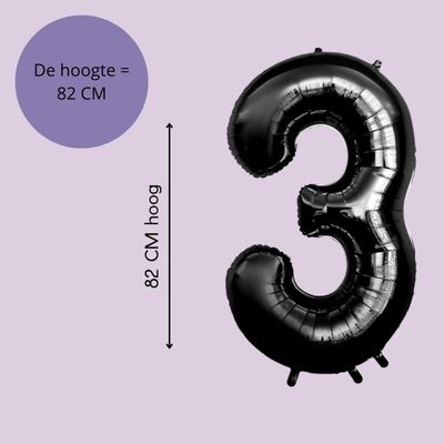Fienosa Cijfer Ballonnen nummer 3 - Zwart - 82 cm - Helium Ballon - Verjaardag ballon - Verjaardag versiering - Leeftijd verjaardag - Verjaardagsballon - Verjaardag