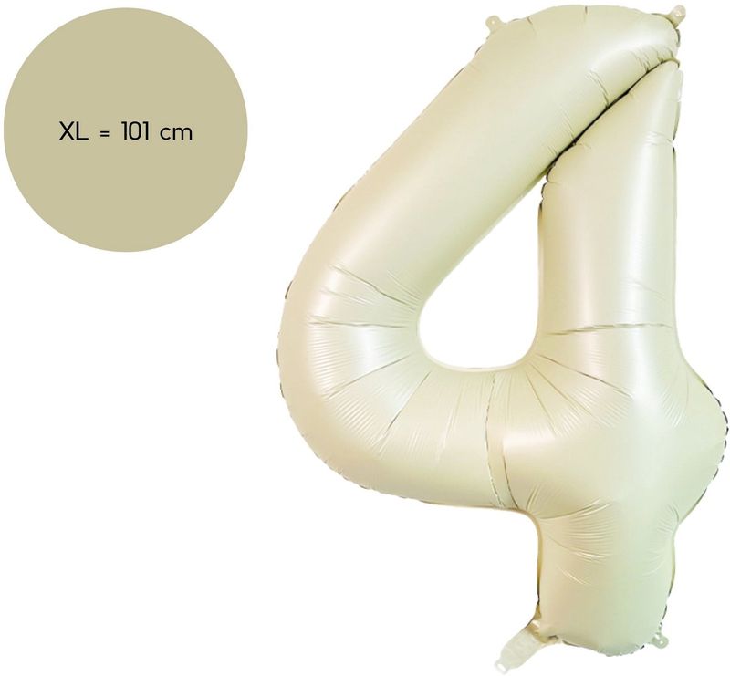 Fienosa Cijfer Ballonnen - Nummer 4 Beige - Ivory - Ivoor Kleur - 101 cm - XL Groot - Helium Ballon - Verjaardag Ballon - Verjaardag versiering - Leeftijd verjaardag - Verjaardagsballon - Verjaardag