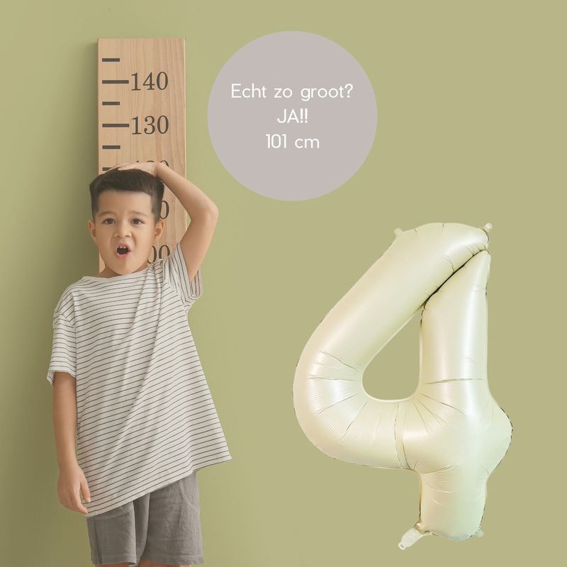 Fienosa Cijfer Ballonnen - Nummer 4 Beige - Ivory - Ivoor Kleur - 101 cm - XL Groot - Helium Ballon - Verjaardag Ballon - Verjaardag versiering - Leeftijd verjaardag - Verjaardagsballon - Verjaardag