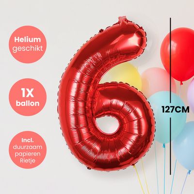 Fienosa Cijfer Ballonnen nummer 6 - Rood - 127 cm - XXL Groot - Helium Ballon - Verjaardag Ballon - Leeftijd verjaardag - Verjaardagsballon - Verjaardag