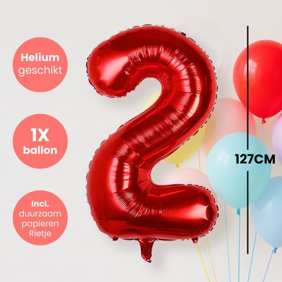 Fienosa Cijfer Ballonnen nummer 2 - Rood - 127 cm - XXL Groot - Helium Ballon - Verjaardag Ballon - Leeftijd verjaardag - Verjaardagsballon - Verjaardag