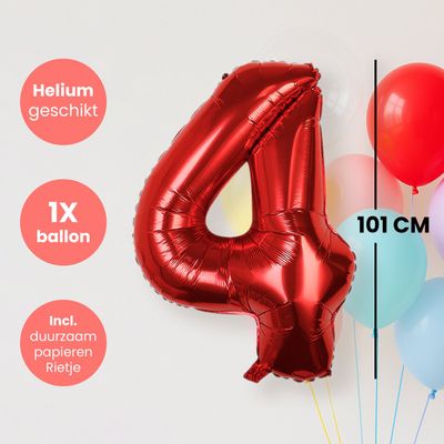 Fienosa Cijfer Ballonnen nummer 4 - Rood - 101 cm - XL Groot - Helium Ballon - Verjaardag Ballon - Leeftijd verjaardag - Verjaardagsballon - Verjaardag