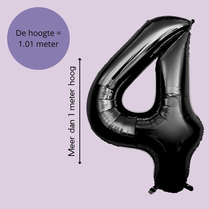 Fienosa - Cijfer Ballonnen - Nummer 4 - Zwart - 101 cm - Helium Ballon - Verjaardag Versiering - Verjaardag Ballon - Leeftijd verjaardag - Verjaardagsballon - Verjaardag