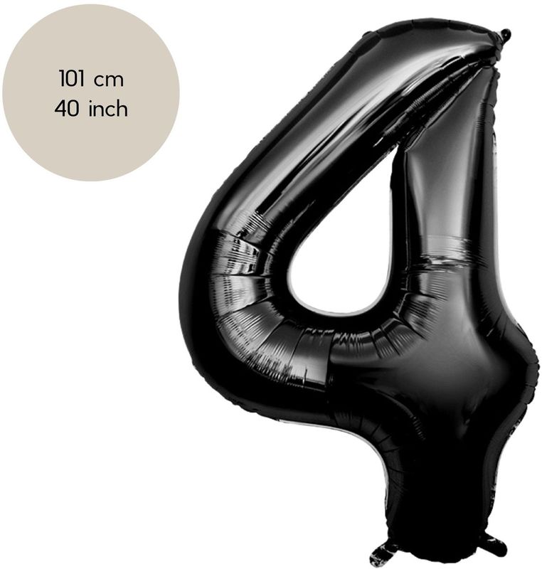 Fienosa - Cijfer Ballonnen - Nummer 4 - Zwart - 101 cm - Helium Ballon - Verjaardag Versiering - Verjaardag Ballon - Leeftijd verjaardag - Verjaardagsballon - Verjaardag