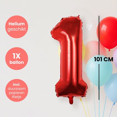 Fienosa Cijfer Ballonnen nummer 1 - Rood - 101 cm - XL Groot - Helium Ballon - Verjaardag Ballon - Leeftijd verjaardag - Verjaardagsballon - Verjaardag