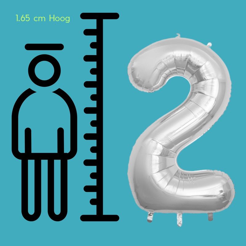Fienosa Cijfer Ballonnen nummer 2 - Zilver - 165 cm - Helium Ballon - Verjaardag ballon - Verjaardag versiering - Leeftijd verjaardag - Verjaardagsballon - Verjaardag
