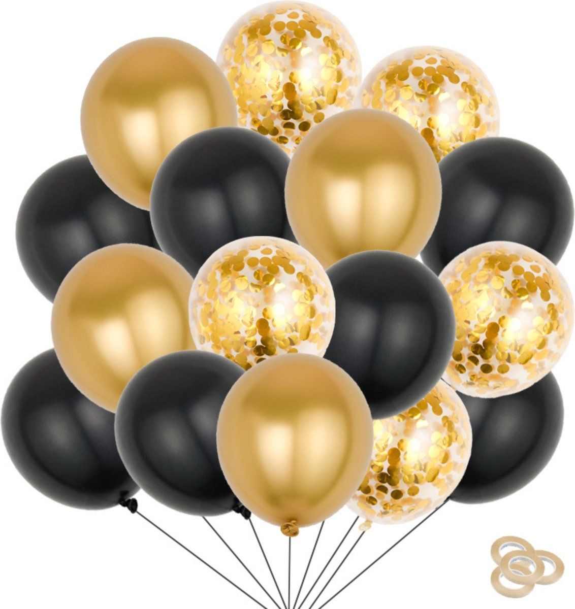 Fienosa Goud Zwart Ballonnen set 50 Stuks - Glitter en glamour Ballonnen - Verjaardag Versiering - Verjaardag Ballonnen - Ballon - met ophang lint - Papieren Confetti in de Ballonnen - Feestversiering