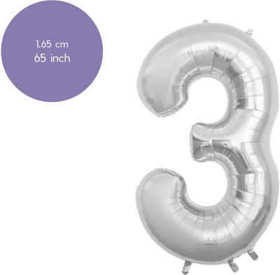 Fienosa Cijfer Ballonnen nummer 3 - Zilver - 165 cm - Helium Ballon - Verjaardag ballon - Verjaardag versiering - Leeftijd verjaardag - Verjaardagsballon - Verjaardag