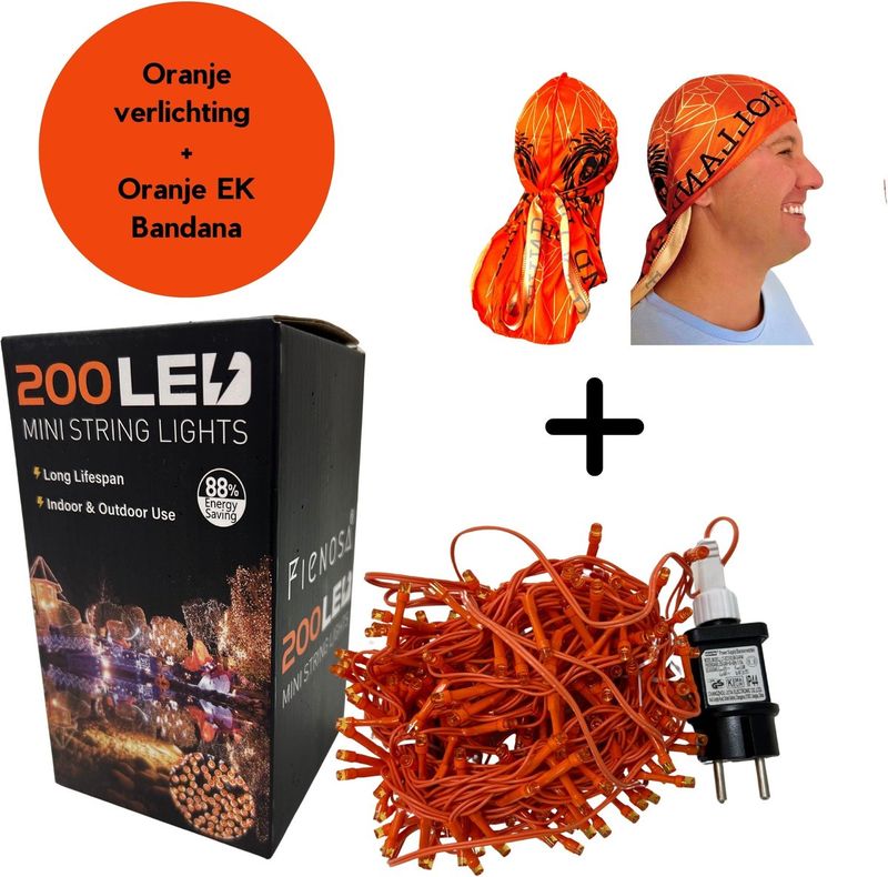 Fienosa Oranje LED Lichtsnoer 200 Lampjes + Oranje Bandana – Koningsdag Feestverlichting – 8 Meter – EK WK Voetbal Decoratie oranje voetbal fan accessoires