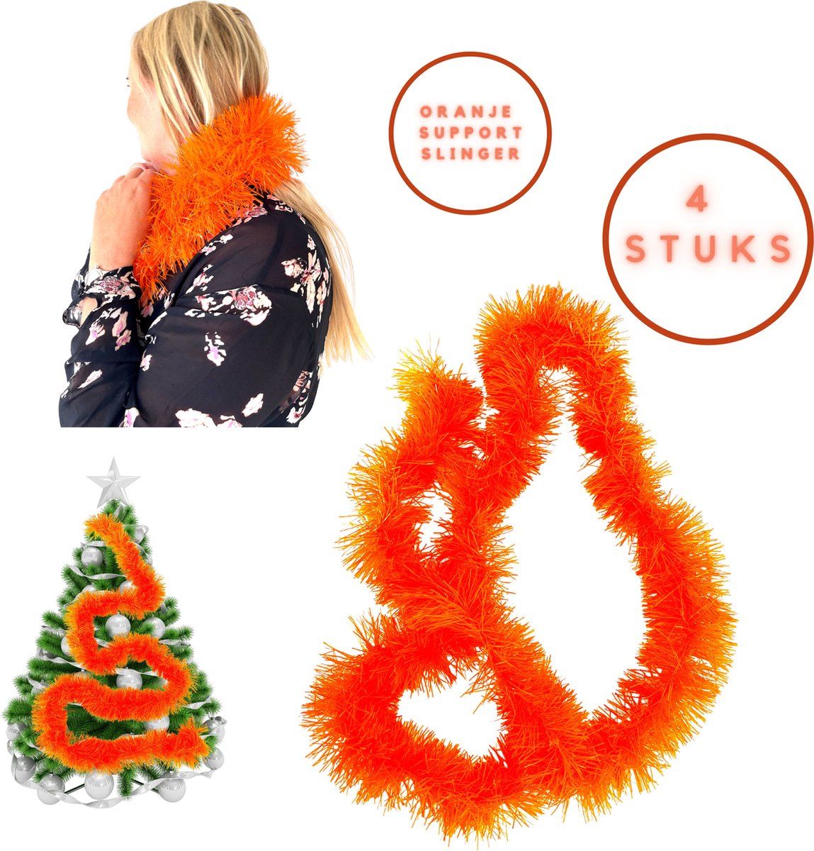 Oranje kerstversiering - Kerstboomslinger-Oranje Feest Slingers - Oranje Versiering - 4 stuks - Oranje decoratie - Feest Slingers - 2 meter - Koningsdag - EK Voetbal -Oranje Versiering -