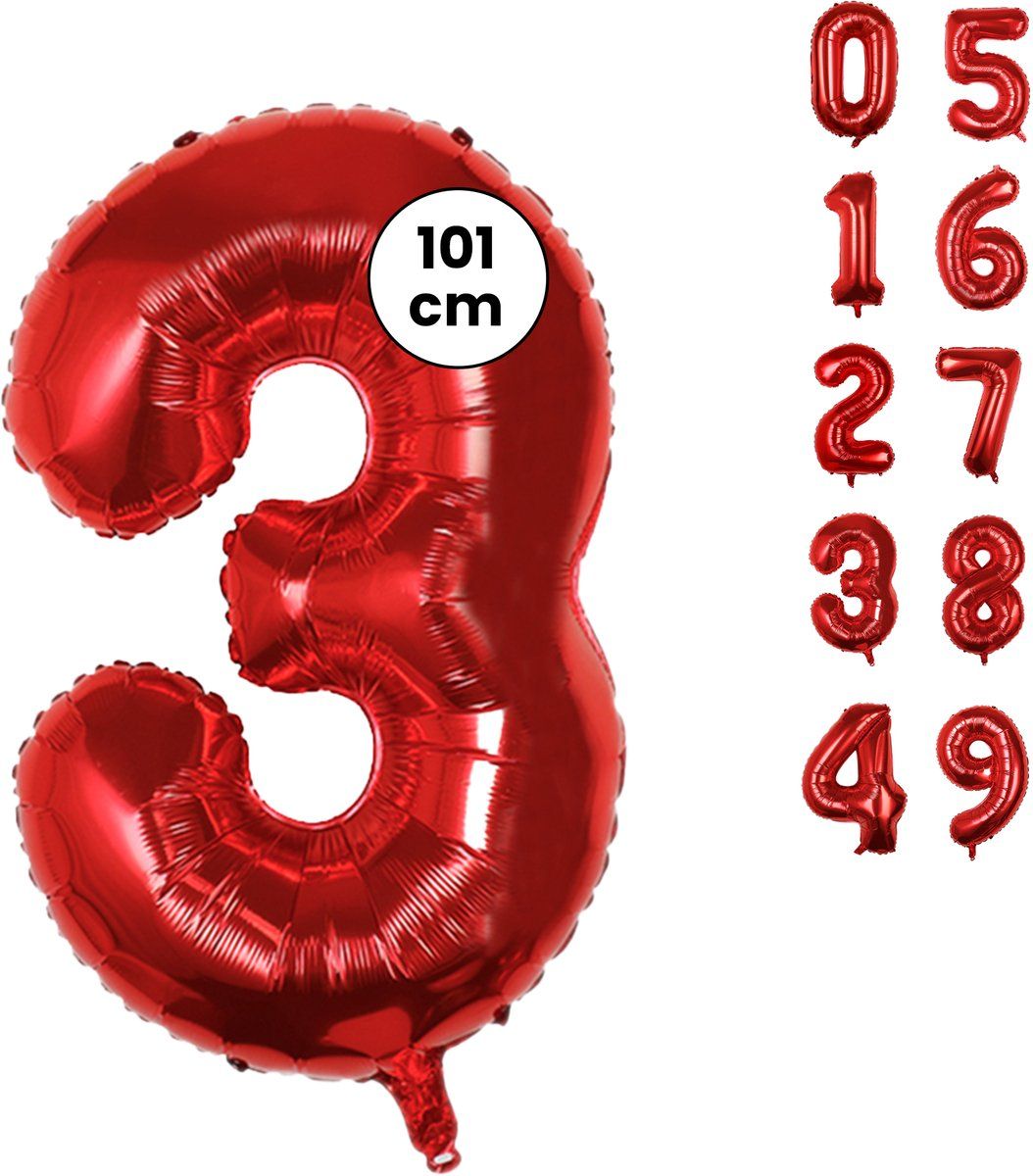 Fienosa Cijfer Ballonnen nummer 3 - Rood - 101 cm - XL Groot - Helium Ballon - Verjaardag Ballon - Leeftijd verjaardag - Verjaardagsballon - Verjaardag