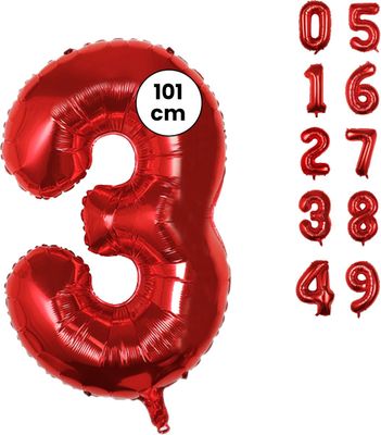 Fienosa Cijfer Ballonnen nummer 3 - Rood - 101 cm - XL Groot - Helium Ballon - Verjaardag Ballon - Leeftijd verjaardag - Verjaardagsballon - Verjaardag