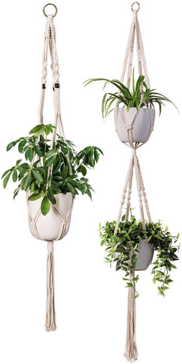Fienosa Hangpot Plantenhanger set - Macrame Knopen- Plantenpothanger - Bloempothanger- Bloempot hanger - Set van 2 voor 3 plantenpotten - Wit - Luxe Gevlochten Touw - Inclusief witte Ophang haken
