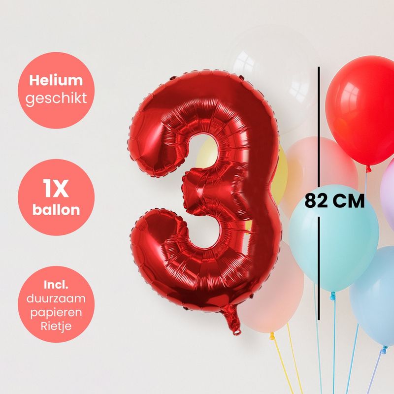 Cijfer Ballonnen - Nummer 3 - Rood - 82 cm - Helium Ballon - Fienosa- Leeftijd verjaardag - Verjaardagsballon - Verjaardag