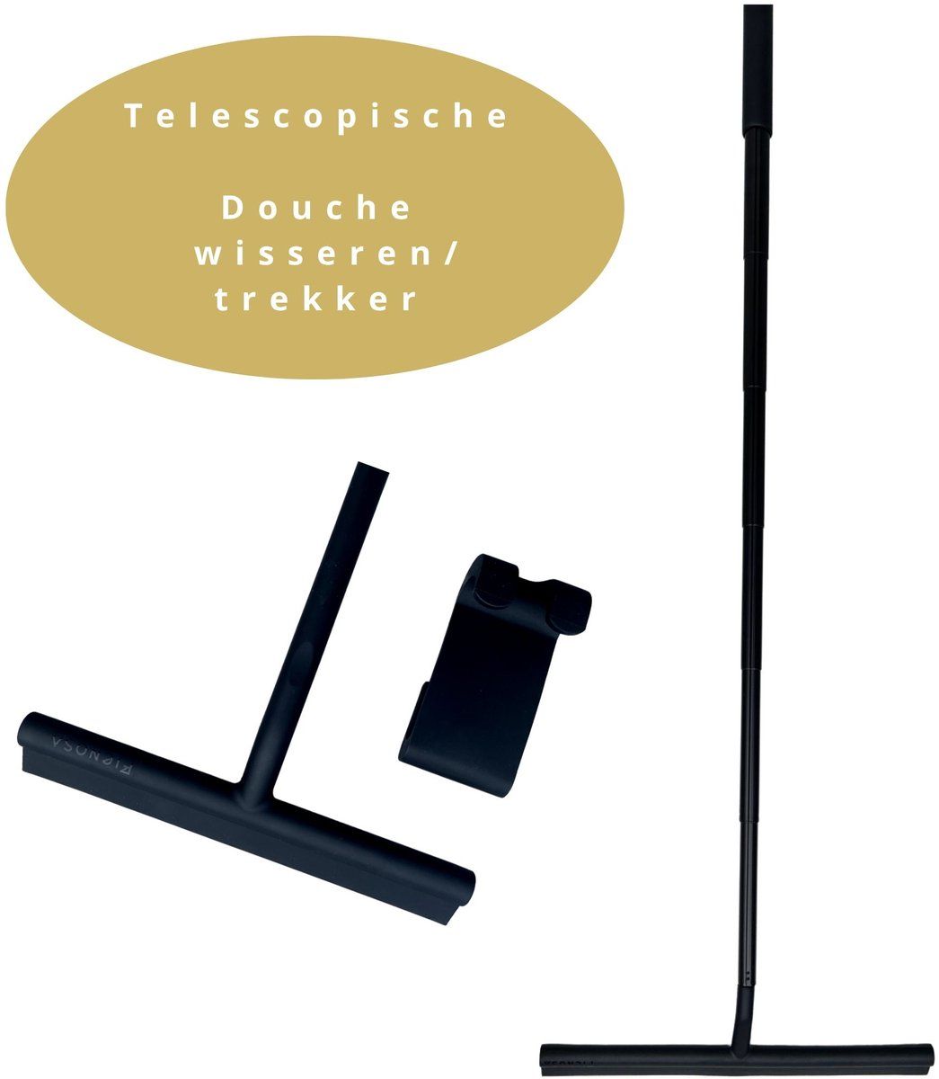 Fienosa Telescopisch Uitschuifbare Douchewisser – Luxe Siliconen Ramenwisser met Ophanghaak – Streeploos Resultaat op Badkamer, Glas & Vloeren – Elegant Zwart Design