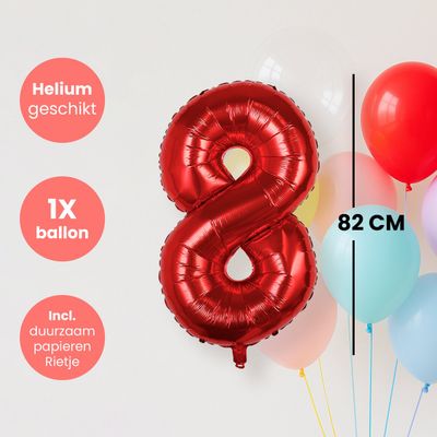 Cijfer Ballonnen - Nummer 8 - Rood - 82 cm - Helium Ballon - Fienosa- Leeftijd verjaardag - Verjaardagsballon - Verjaardag