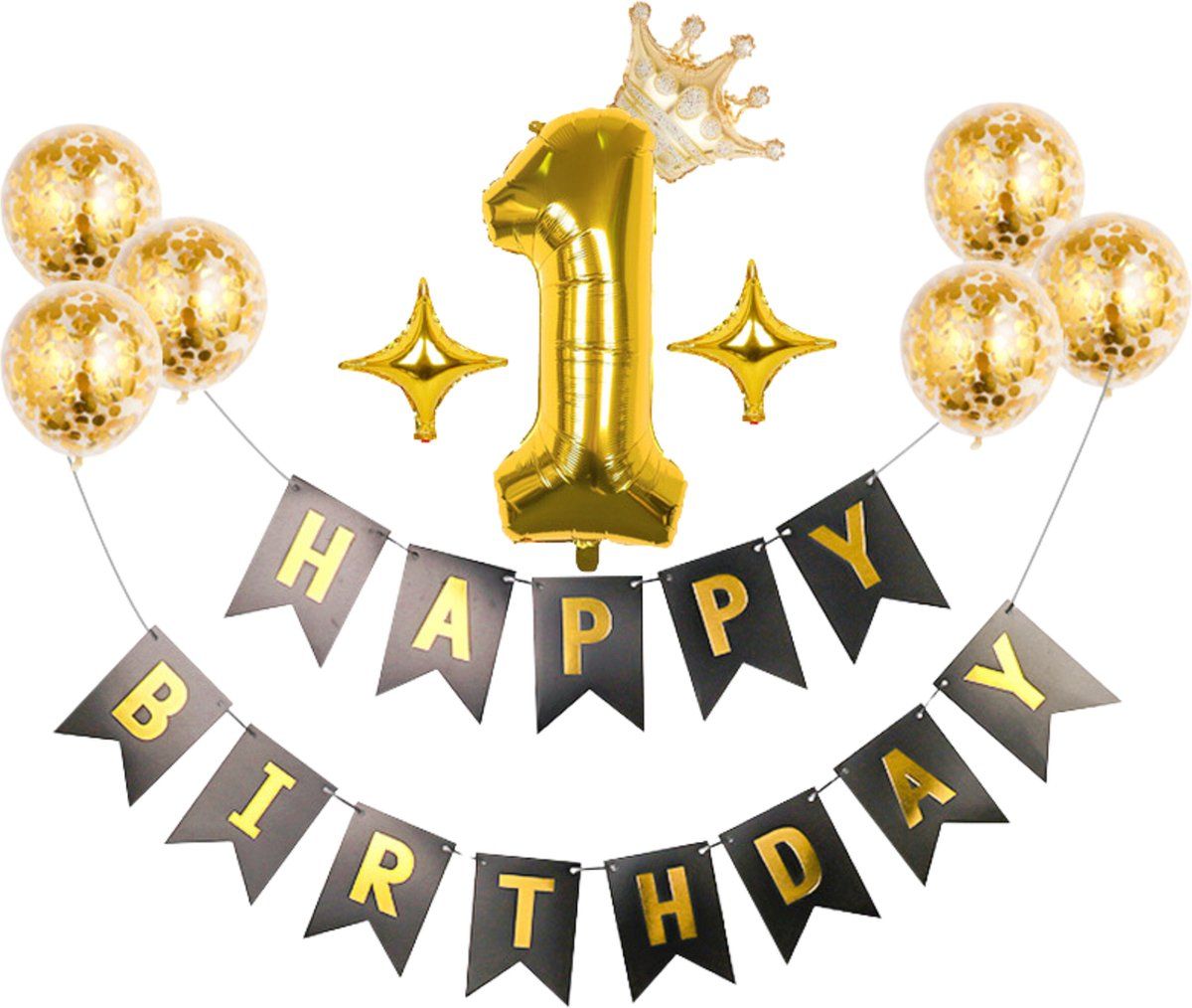 Verjaardag Slinger 1 jaar - 1 jaar feestslinger - Zwart en Goud met Ballonnen met confetti erin – Decoratie – Happy Birthday Slinger - 1 jaar versiering - Leeftijd - eerste verjaardag Verjaardag Slinger 1 jaar - 1 jaar feestslinger - Zwart en Goud met Ballonnen met confetti erin – Decoratie – Happy Birthday Slinger - 1 jaar versiering - Leeftijd - eerste verjaardag