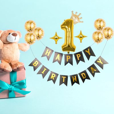 Verjaardag Slinger 1 jaar - 1 jaar feestslinger - Zwart en Goud met Ballonnen met confetti erin – Decoratie – Happy Birthday Slinger - 1 jaar versiering - Leeftijd - eerste verjaardag