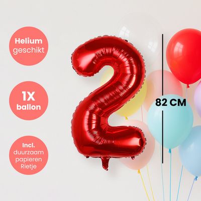Cijfer Ballonnen - Nummer 2 - Rood - 82 cm - Helium Ballon - Fienosa- Leeftijd verjaardag - Verjaardagsballon - Verjaardag