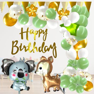 Knuffeldieren Balonnen Boog - 65 Stuks - Groen - Goud - Ballonboog - Lente thema - Versiering Verjaardag - Koala- Hert - Verjaardag - Dieren Folie Ballonnen - Happy Birthday Slinger - Fienosa -