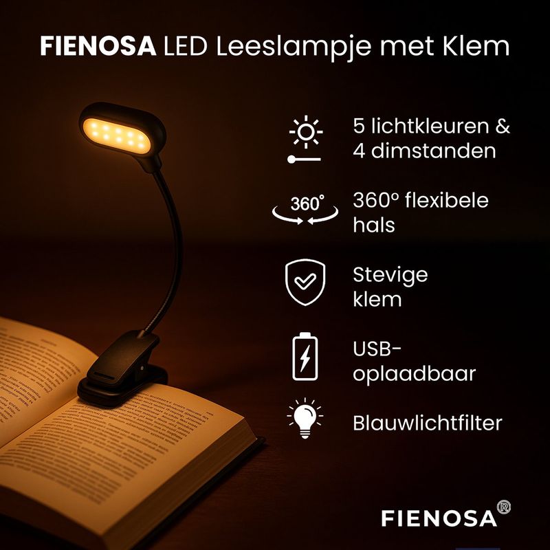 Fienosa LED Leeslampje met Klem duo verpakking – USB Oplaadbaar – 2 Stuks