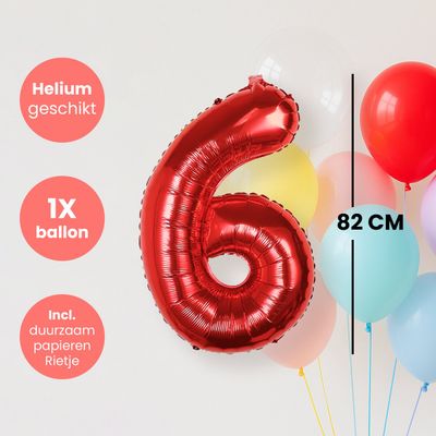 Cijfer Ballonnen - Nummer 6 - Rood - 82 cm - Helium Ballon - Fienosa- Leeftijd verjaardag - Verjaardagsballon - Verjaardag
