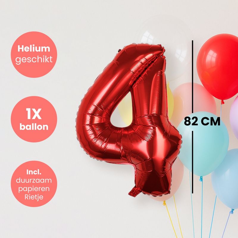 Cijfer Ballonnen - Nummer 4 - Rood - 82 cm - Helium Ballon - Fienosa- Leeftijd verjaardag - Verjaardagsballon - Verjaardag