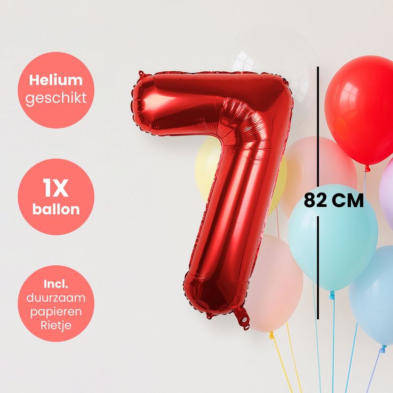 Cijfer Ballonnen - Nummer 7 - Rood - 82 cm - Helium Ballon - Fienosa- Leeftijd verjaardag - Verjaardagsballon - Verjaardag