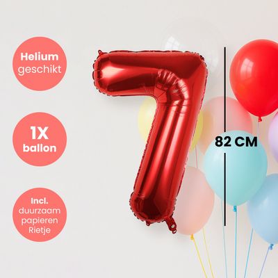 Cijfer Ballonnen - Nummer 7 - Rood - 82 cm - Helium Ballon - Fienosa- Leeftijd verjaardag - Verjaardagsballon - Verjaardag