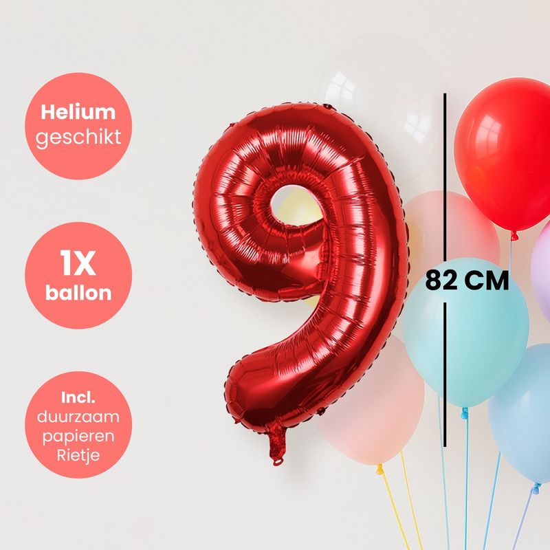Cijfer Ballonnen - Nummer 9 - Rood - 82 cm - Helium Ballon - Fienosa- Leeftijd verjaardag - Verjaardagsballon - Verjaardag