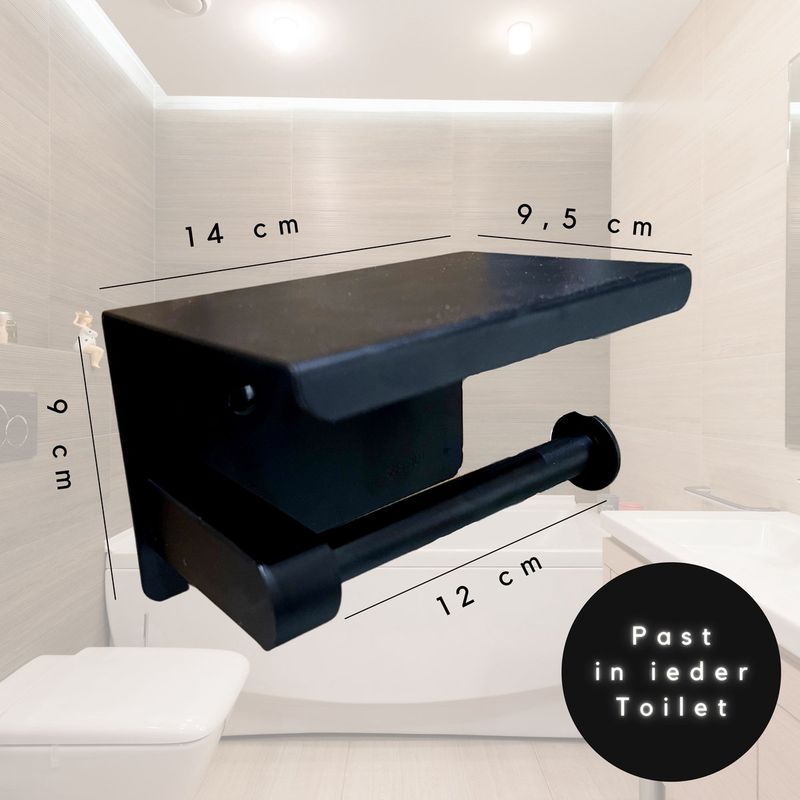 WC Rolhouder Zwart - Zelfklevend Toiletrolhouder met Plankje - WC Papier Houder Zonder Boren - WC rolhouder met plankje - Toiletrolhouder - Toiletrolhouder Zwart - Fienosa