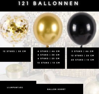Fienosa Ballonnenboog Zwart Goud - Luxe Verjaardag Versiering - Feest Decoratie -Ballonnen - Glitter en Glamour - Ballonnenboog Verjaardag 121 stuks - Helium Ballonnen - Papieren Confetti in de