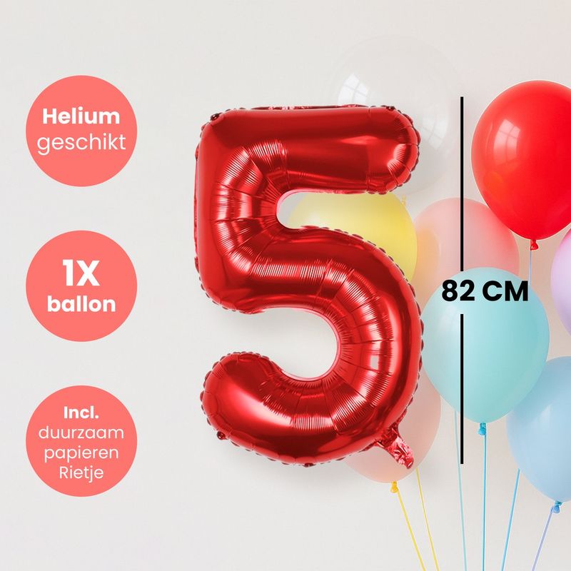 Cijfer Ballonnen - Nummer 5 - Rood - 82 cm - Helium Ballon - Fienosa- Leeftijd verjaardag - Verjaardagsballon - Verjaardag
